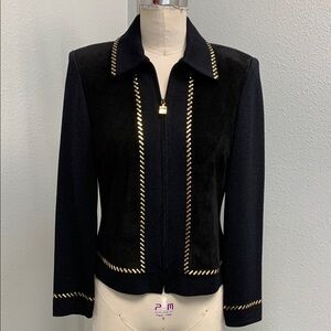 St. John Marie Gray Black Knit Suede Leather Zip Up Jacket Gold Trim EUC size 2